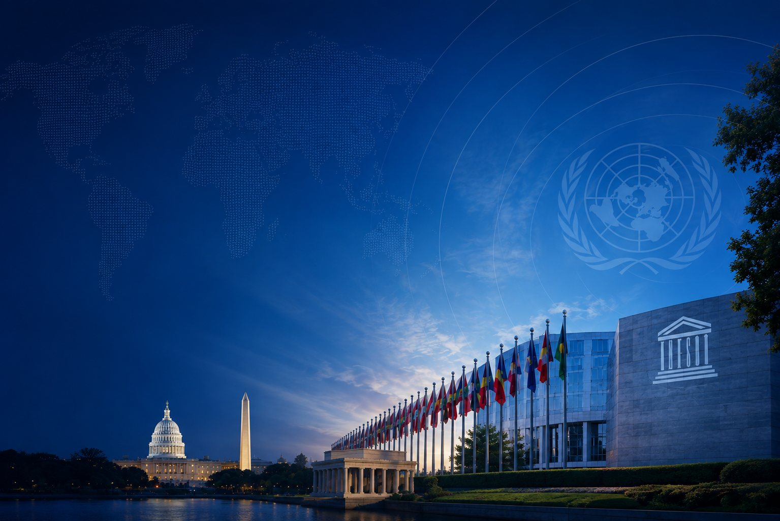 The United States Capitol and the flags outside the UNESCO building at dusk