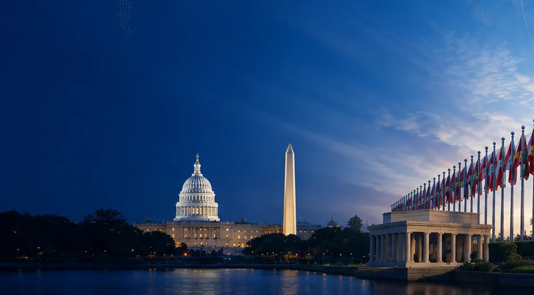 The United States Capitol, the Washington Monument and the flags outside the UNESCO building at dusk